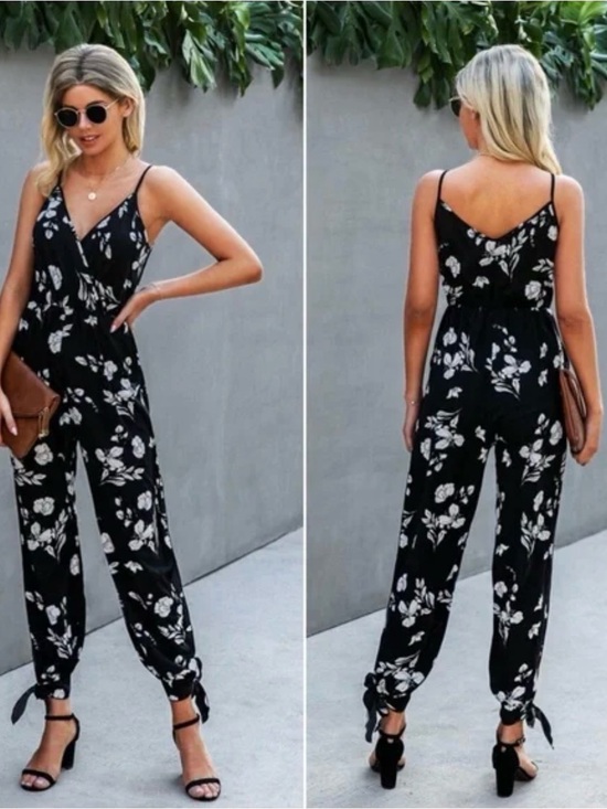 Ecowish Pants - Ecowish Floral Black V-Neck Jumpsuit w/ Tie Ankles, Size L, EUC
